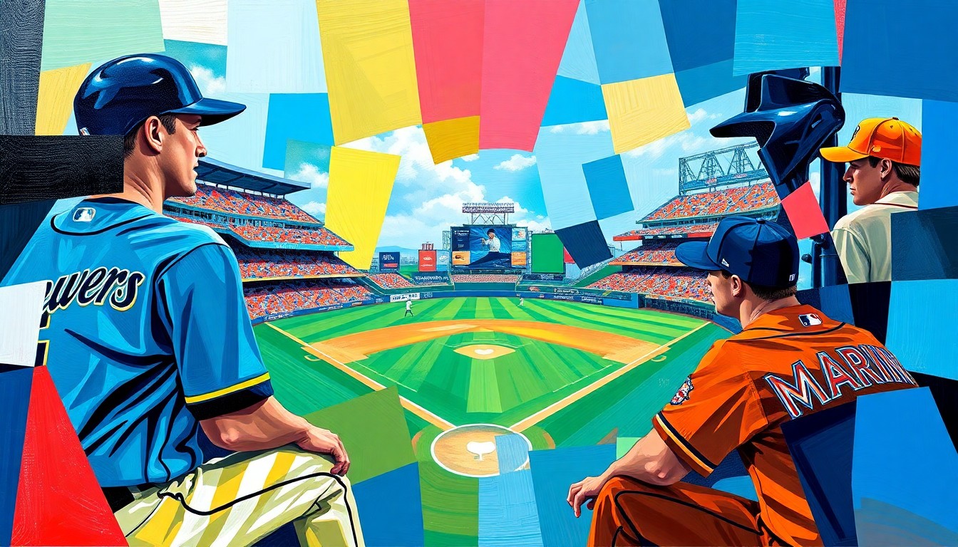 A fractured, geometric painting depicting a baseball game, with sharp planes of color representing the players and field in an abstract, deconstructed style.