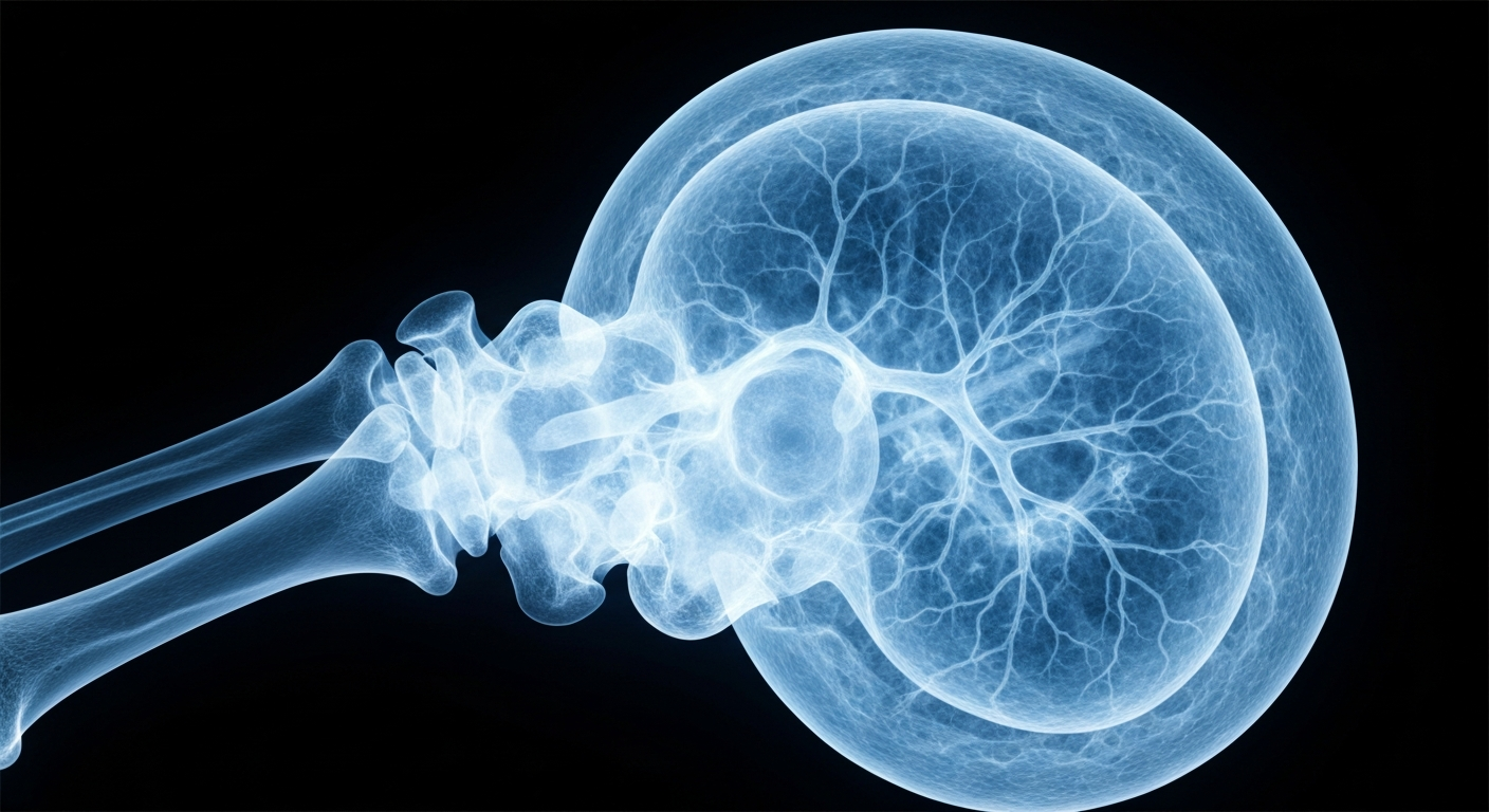 A highly detailed, translucent X-ray image showing the complex internal structure of a human melanoma tumor, with ghostly glowing lines and shapes revealing its intricate biological makeup.