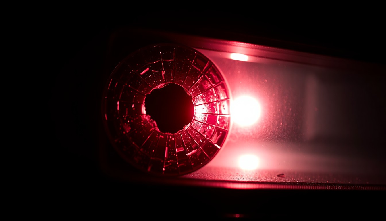 An extreme close-up of a shattered car sensor lens reflecting a faint red light, conceptually illustrating the vandalism and damage to government vehicles that has sparked concerns about security and safety at sensitive facilities.