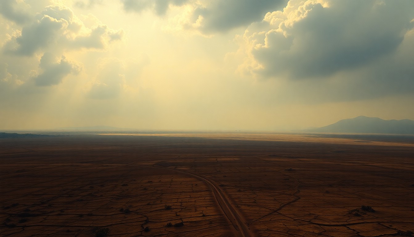 A sweeping, atmospheric landscape painting in muted tones of brown, gray, and yellow, depicting a vast, arid field under a hazy, oppressive sky, conveying the melancholic mood of the region's water scarcity.