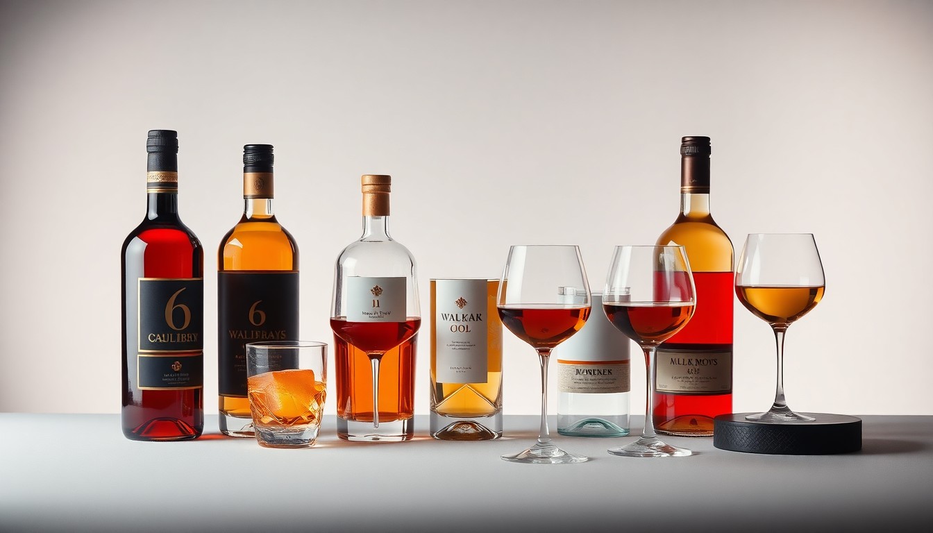 A high-end, photorealistic studio still-life photograph featuring a collection of premium liquor bottles, wine glasses, and elegant barware arranged elegantly on a clean, monochromatic background, conceptually representing the Good Pour's focus on quality products, charitable giving, and an elevated retail experience.