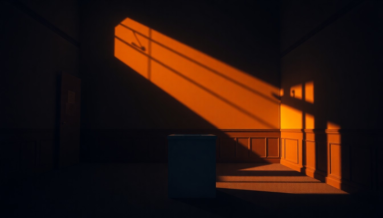 A dimly lit, cinematic painting of a solitary ballot box in a government office, with warm, diagonal sunlight and deep shadows, conveying a sense of political unease and the challenges of regulating foreign influence in elections.