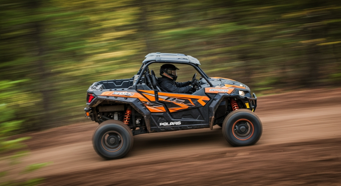 A blurred, high-motion photograph of a side-by-side utility vehicle speeding through a wooded trail, conveying a sense of speed, power, and outdoor adventure.