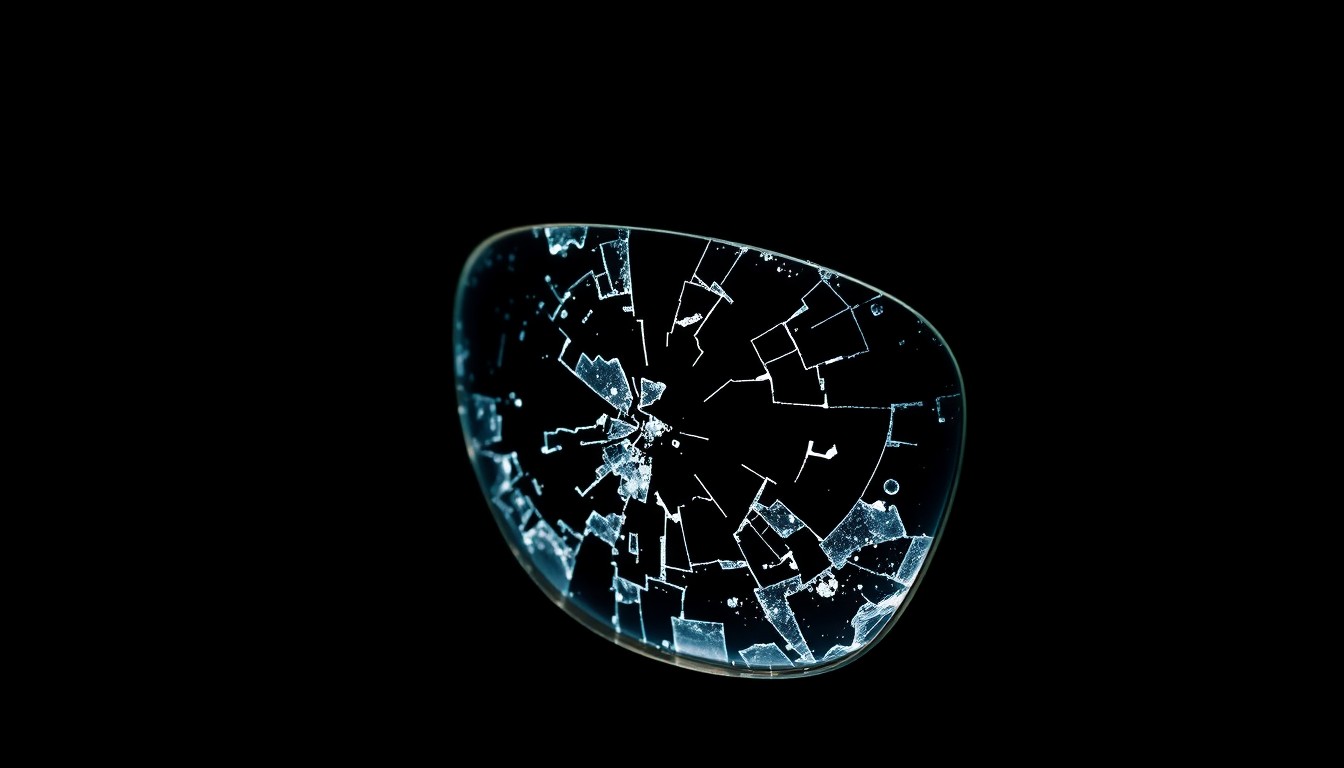 An extreme close-up photograph of a shattered designer sunglasses lens, capturing the dramatic texture and material details under harsh, direct lighting, conceptually representing the aftermath of a violent robbery attempt.