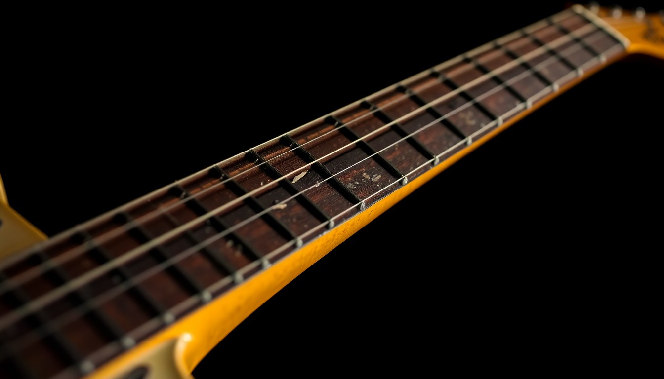 An extreme close-up photograph of a worn, textured electric guitar neck in dramatic high-contrast studio lighting, capturing the rugged, timeless essence of Southern rock music.