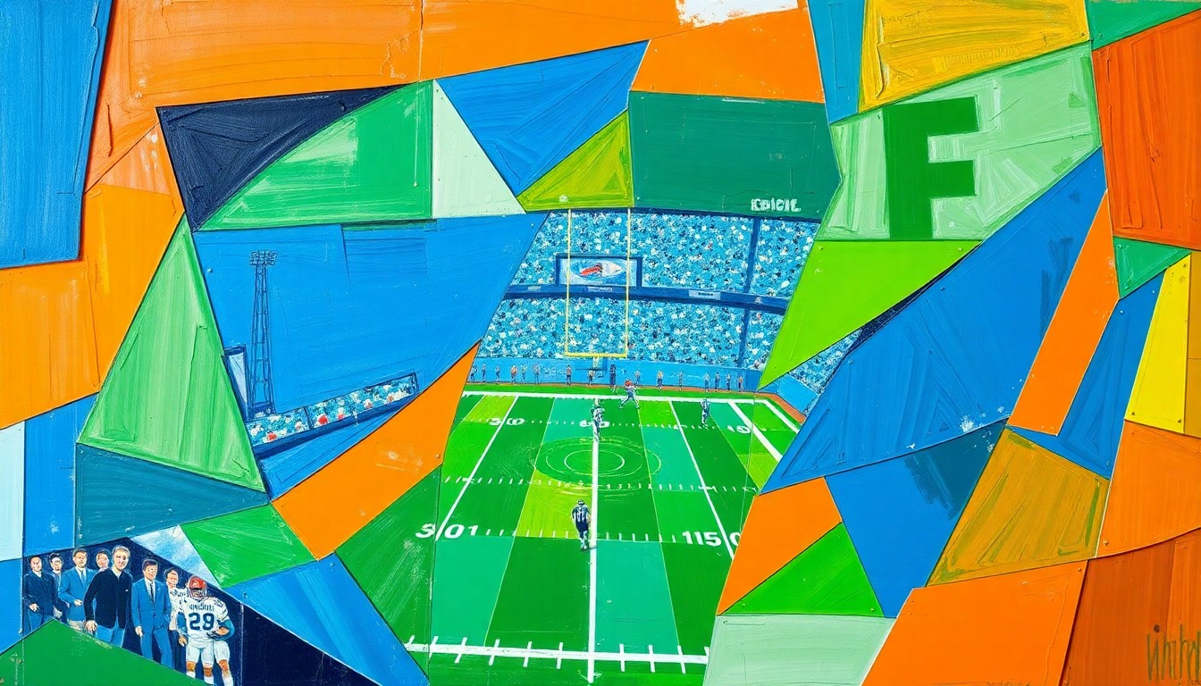 A cubist, geometric painting depicting fragmented football players and draft prospects, conveying the excitement and unpredictability of the NFL Draft process.