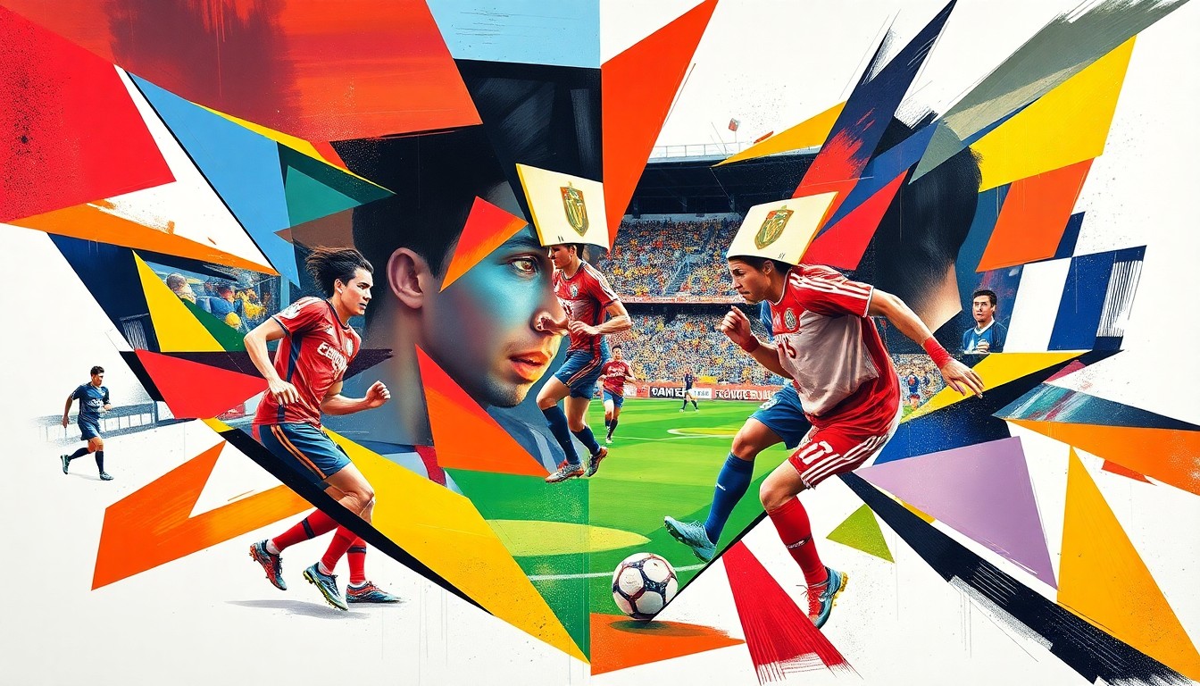 A cubist-style painting depicting a USL Super League soccer match between two teams, with the players and field broken down into overlapping geometric shapes and planes in vibrant colors, conveying the energy and tactical nature of the game.