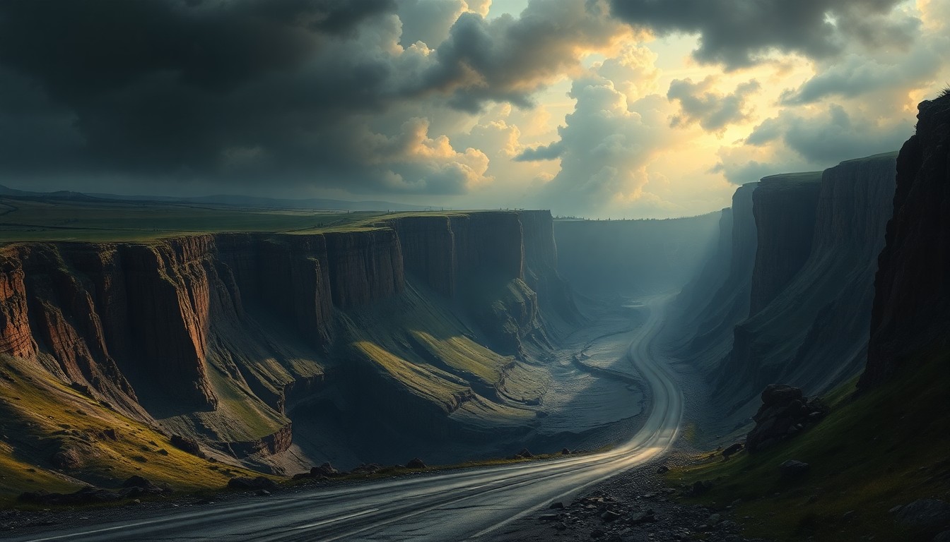 A sweeping, atmospheric landscape painting depicting a winding road partially consumed by a massive sinkhole, the damage dwarfed by the overwhelming scale of the natural environment.