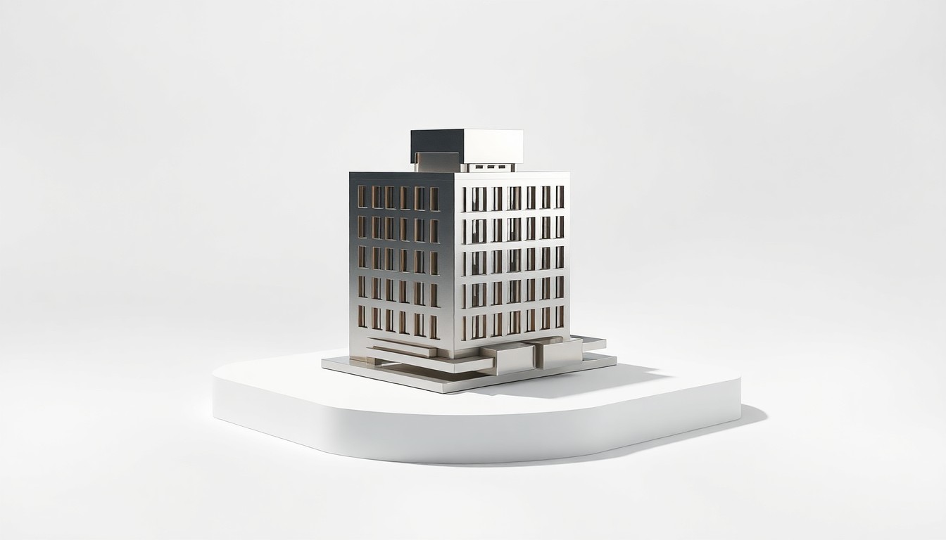 A highly polished, geometric metal sculpture in the shape of a hotel building, resting on a clean white background and dramatically lit to conceptually represent Roam Hospitality's innovative hospitality platform.