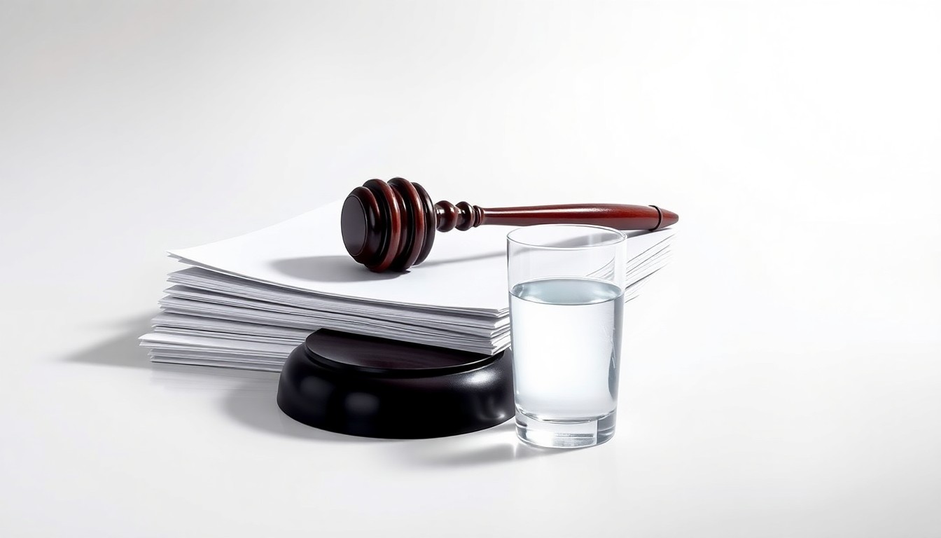 A high-end, photorealistic studio still-life photograph featuring a stack of legal documents, a gavel, and a glass of water arranged elegantly on a clean, monochromatic background, conceptually representing Elie's accomplishments in the legal profession.