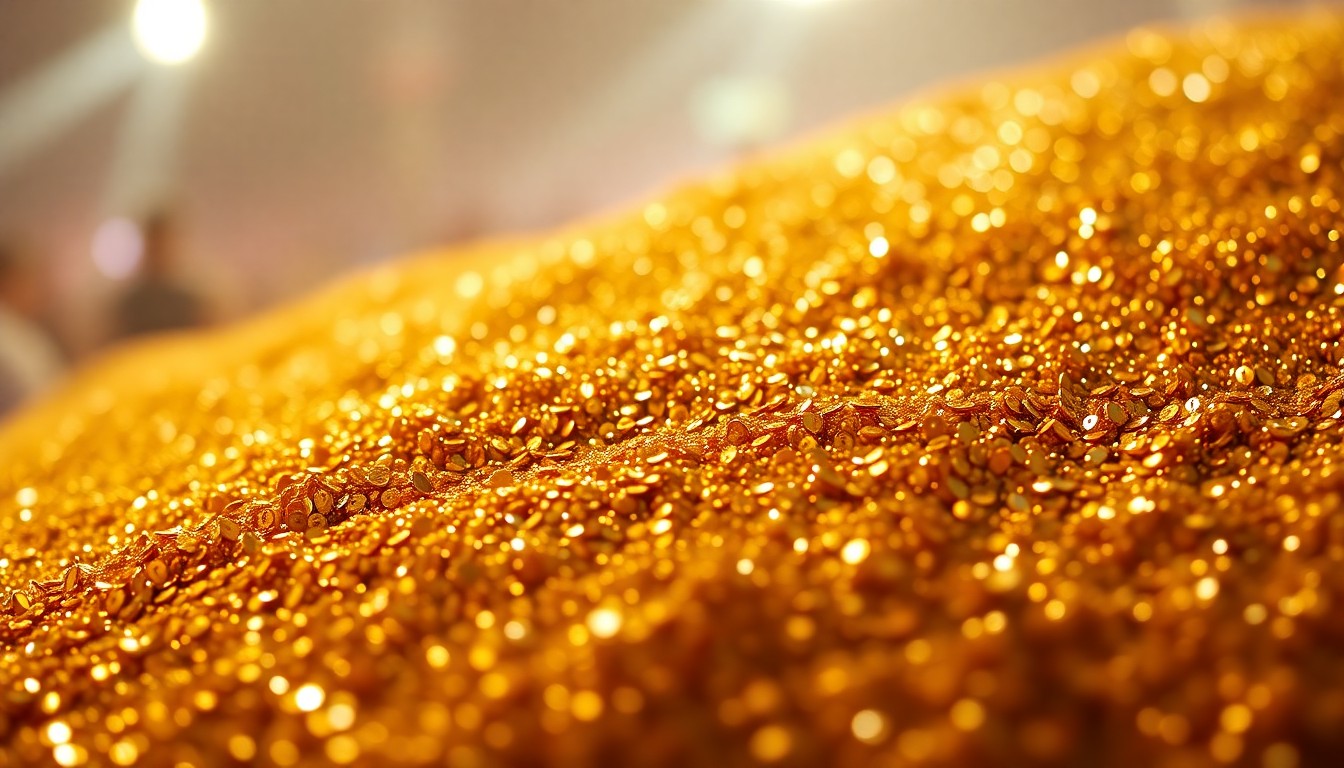 An abstract close-up photograph of shimmering gold glitter and sequins, capturing the glamorous, high-energy aesthetic of Coachella festival fashion.
