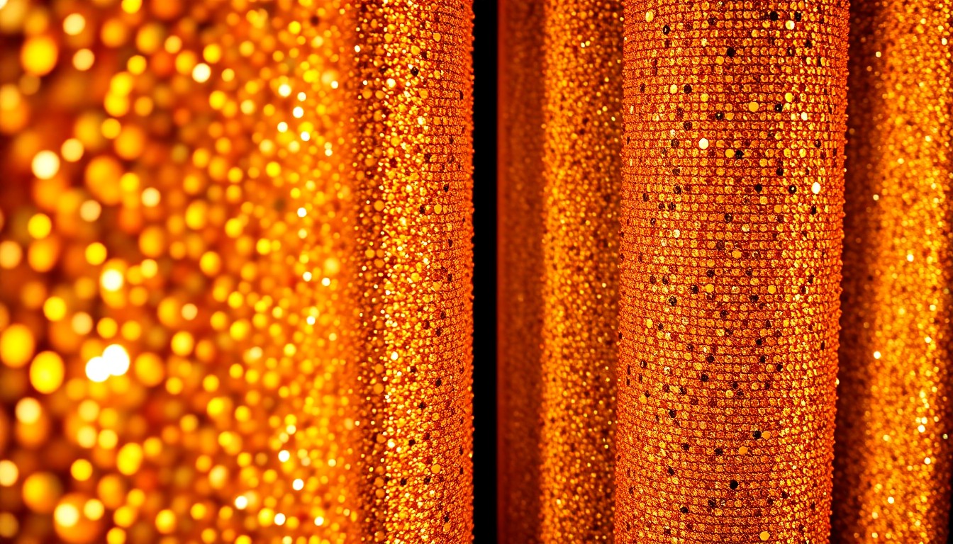 An extreme close-up photograph of shimmering, reflective surfaces in high-contrast studio lighting, conceptually representing the glamour and luxury of the Geffen Galleries' lavish opening event.