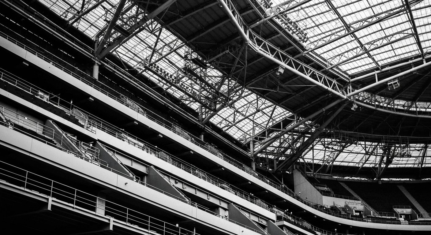 A high-contrast black and white close-up image of the complex mechanical systems and infrastructure that power a modern sports stadium, representing the financial underpinnings of the Atlanta Braves' real estate trust.