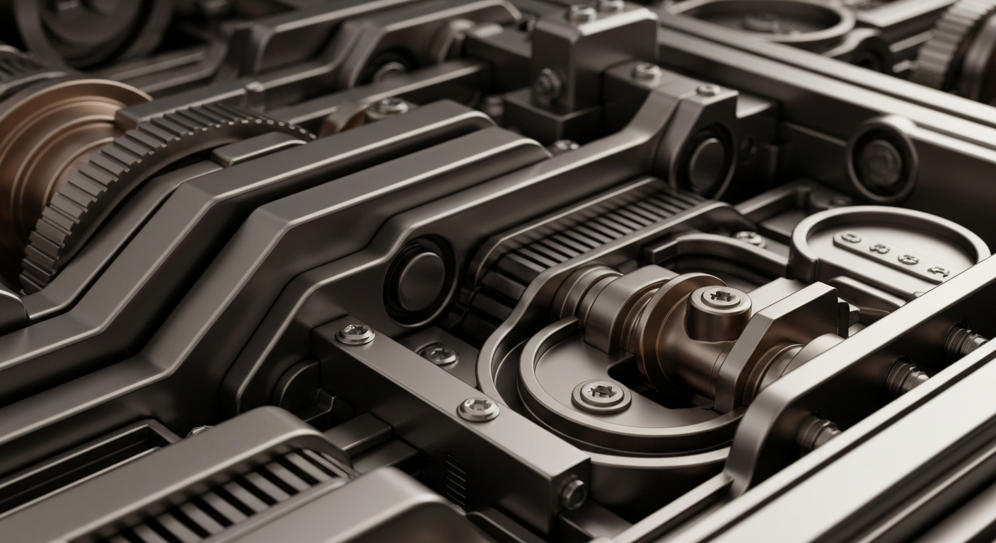 An extreme close-up of polished, intricate banking machinery and mechanisms in shades of steel grey, bronze, and chrome, conceptually representing the secure foundations of the financial system.