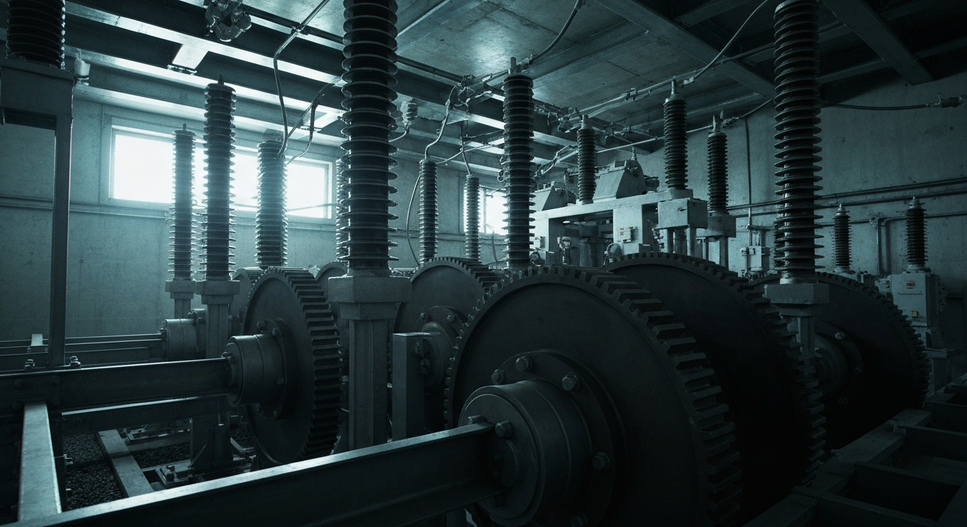 An extreme close-up of the heavy, industrial machinery and components that make up an electrical substation, conveying the complex and essential nature of the utility's operations.