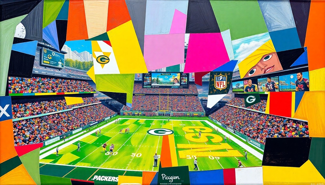 A cubist, geometric painting featuring sharp, overlapping planes of green, gold, and white, representing the Green Bay Packers and the energy of the NFL draft.
