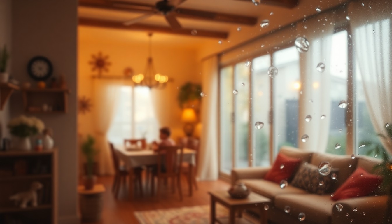 An extremely abstracted, out-of-focus photograph depicting a warm, inviting interior scene of a family home, with soft pools of light and color, conceptually representing the comfort and security of a new mortgage-free home for a combat-wounded veteran and his son.