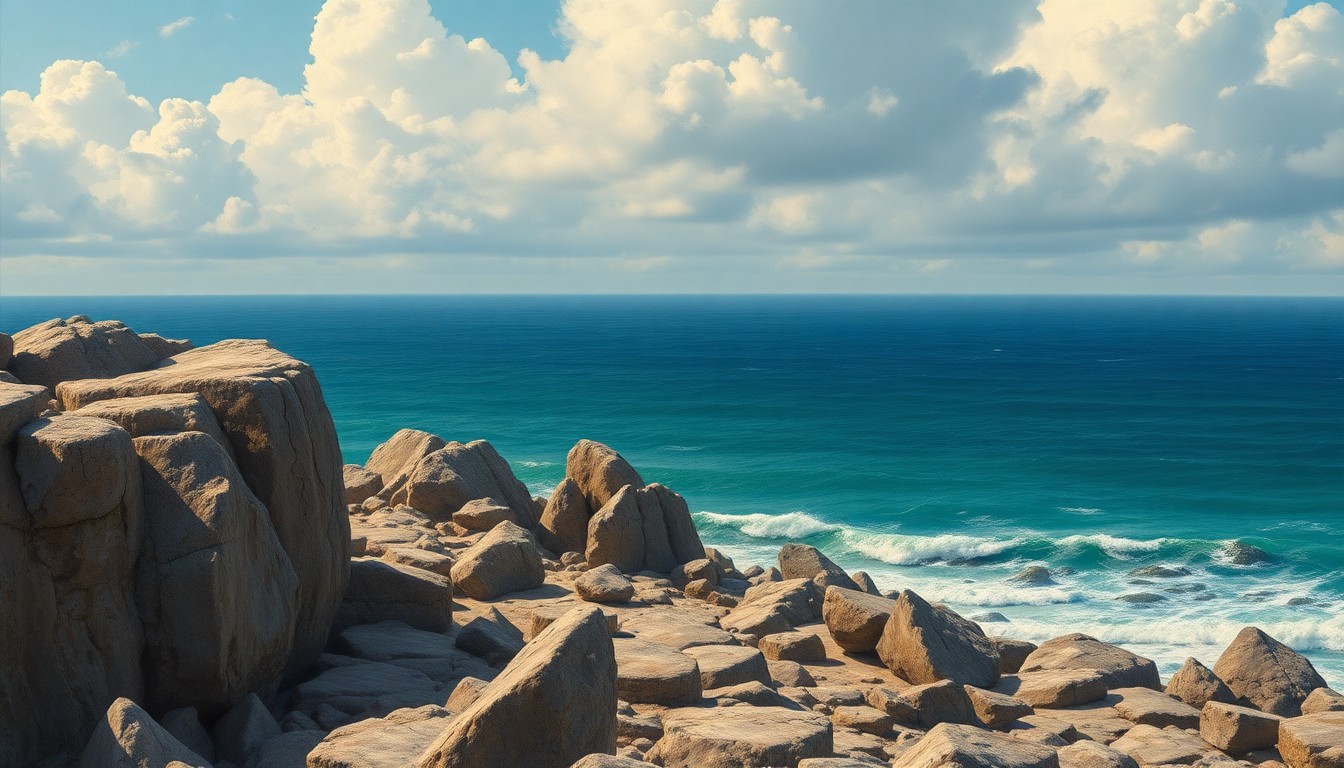 A sweeping, atmospheric landscape painting depicting the dramatic scale of the Atlantic Ocean shoreline, with massive, weathered coquina boulders dotting the foreground and the vast, powerful seascape dominating the background.