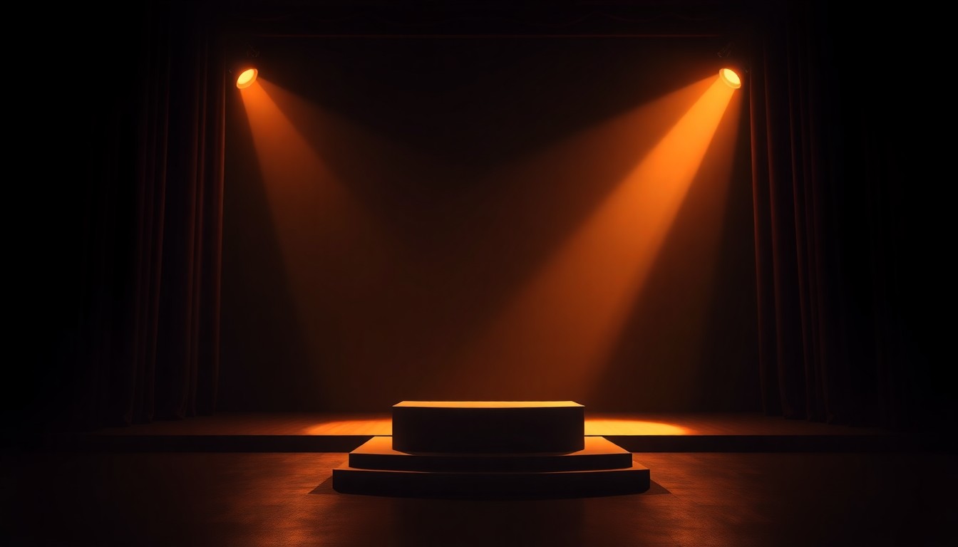 A dimly lit, cinematic painting of an empty podium on a stage, bathed in warm, diagonal sunlight and deep shadows, creating a sense of anticipation and political drama.