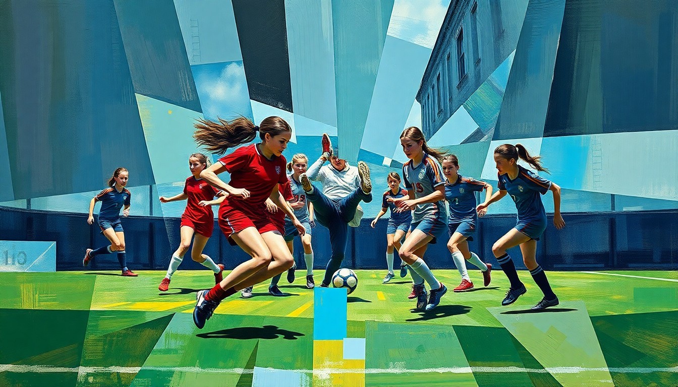 A dynamic, abstract painting featuring overlapping geometric planes and shapes in vibrant colors, capturing the energy and movement of a girls high school soccer match.