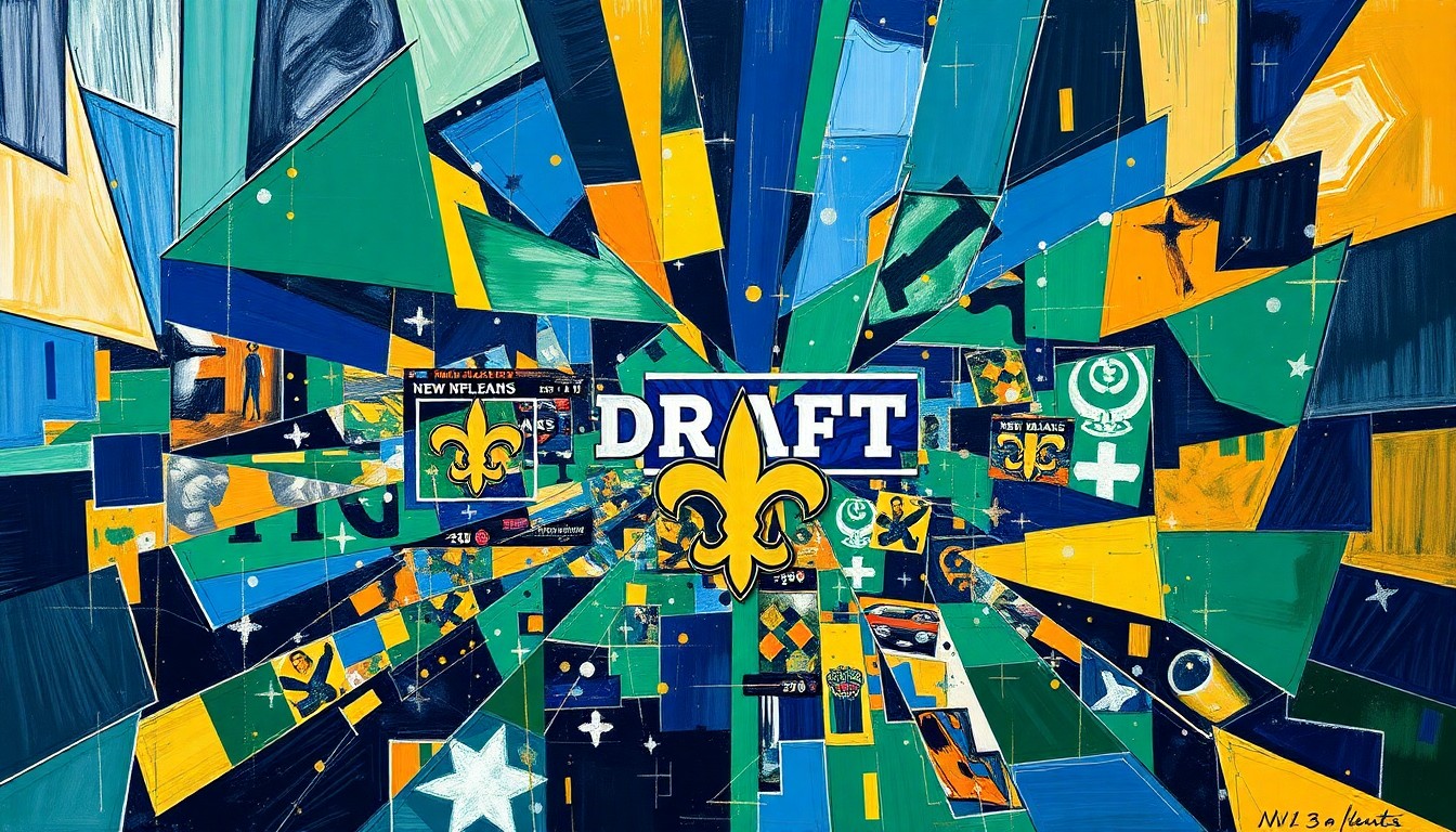A cubist, geometric painting featuring sharp, overlapping planes of navy, green, and gold, conceptually representing the excitement and anticipation of the NFL Draft for the New Orleans Saints.