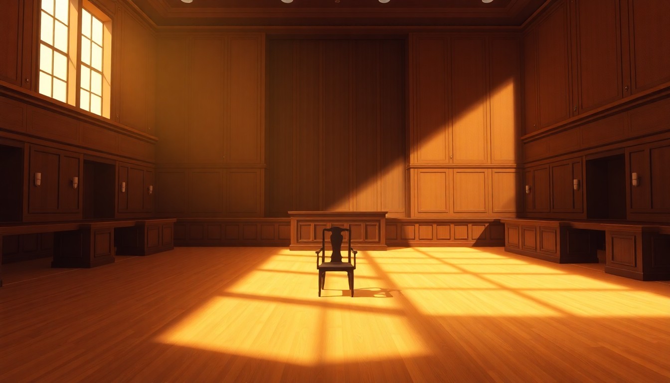 A dimly lit, cinematic painting of an empty courtroom with a single chair at the judge's bench, bathed in warm, diagonal sunlight and deep shadows, conceptually illustrating the gravity of the ethics allegations against a state Supreme Court justice.