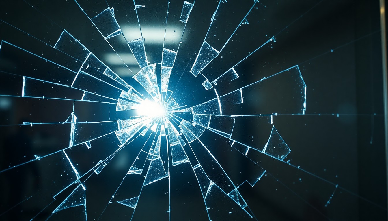 An extreme close-up photograph of shattered glass with a few small shards reflecting a bright flash of light, conceptually representing the vandalism of a political office.