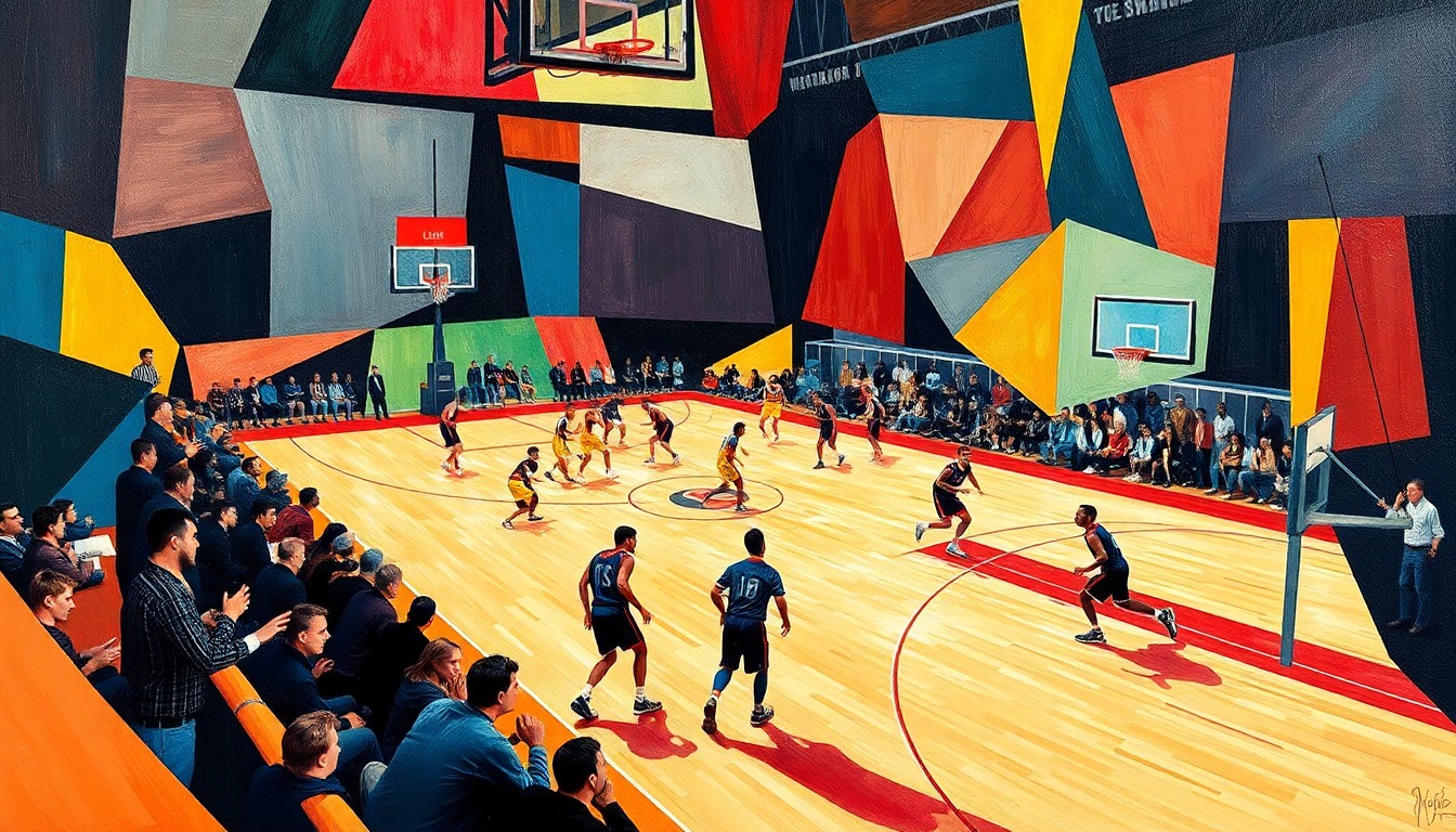 A cubist, geometric painting depicting the dynamic movements and energy of a high school basketball game, with players and the court rendered in bold, angular shapes and vibrant colors.
