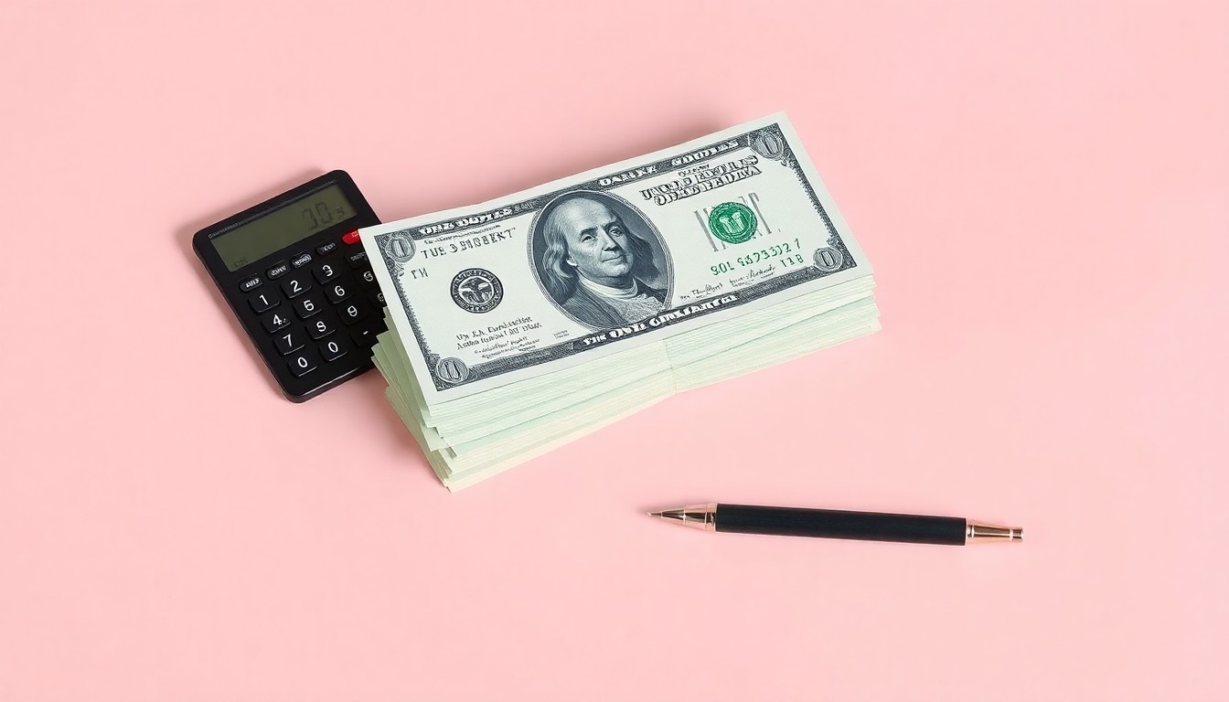 A minimalist studio still life photograph featuring a stack of U.S. dollar bills, a calculator, and a pen on a clean, monochromatic background, symbolizing the financial impact of the tariff refunds on importers.