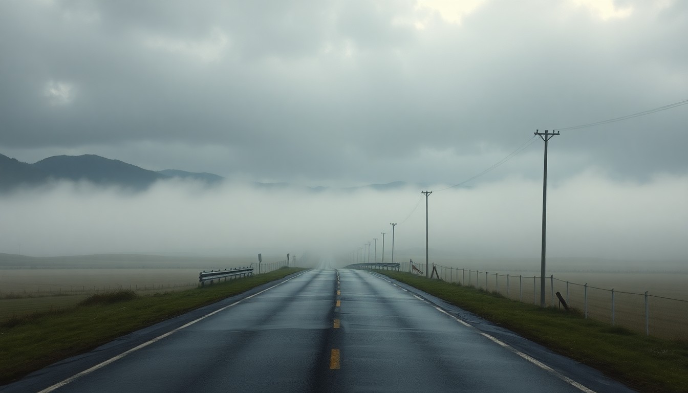 A moody, atmospheric landscape painting depicting a flooded rural road winding through a misty, overcast scene, with only the tops of guardrails and telephone poles visible above the rising water levels, conveying the overwhelming power of nature.