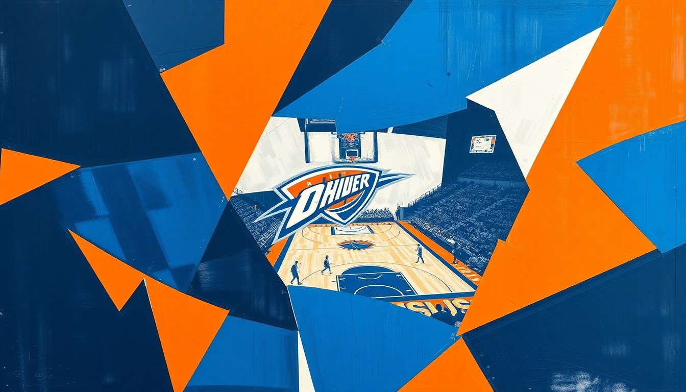 A cubist, geometric painting depicting a fragmented, multi-angled view of a basketball game, with sharp planes of navy, orange, and white representing the Thunder's drive to defend their title.