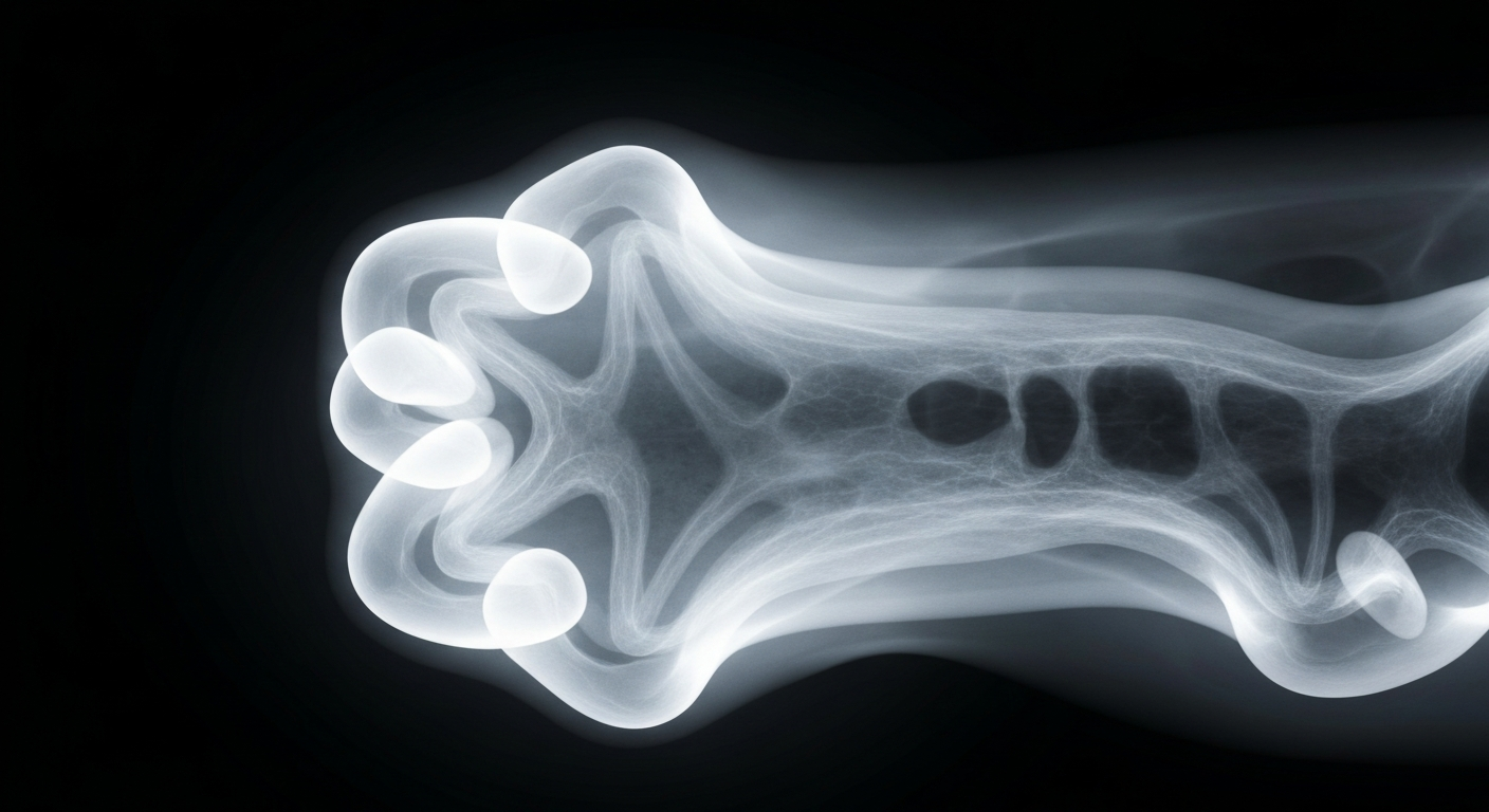 A ghostly, translucent X-ray image of a human tooth, revealing its intricate internal structures and conveying the precision of modern dentistry.