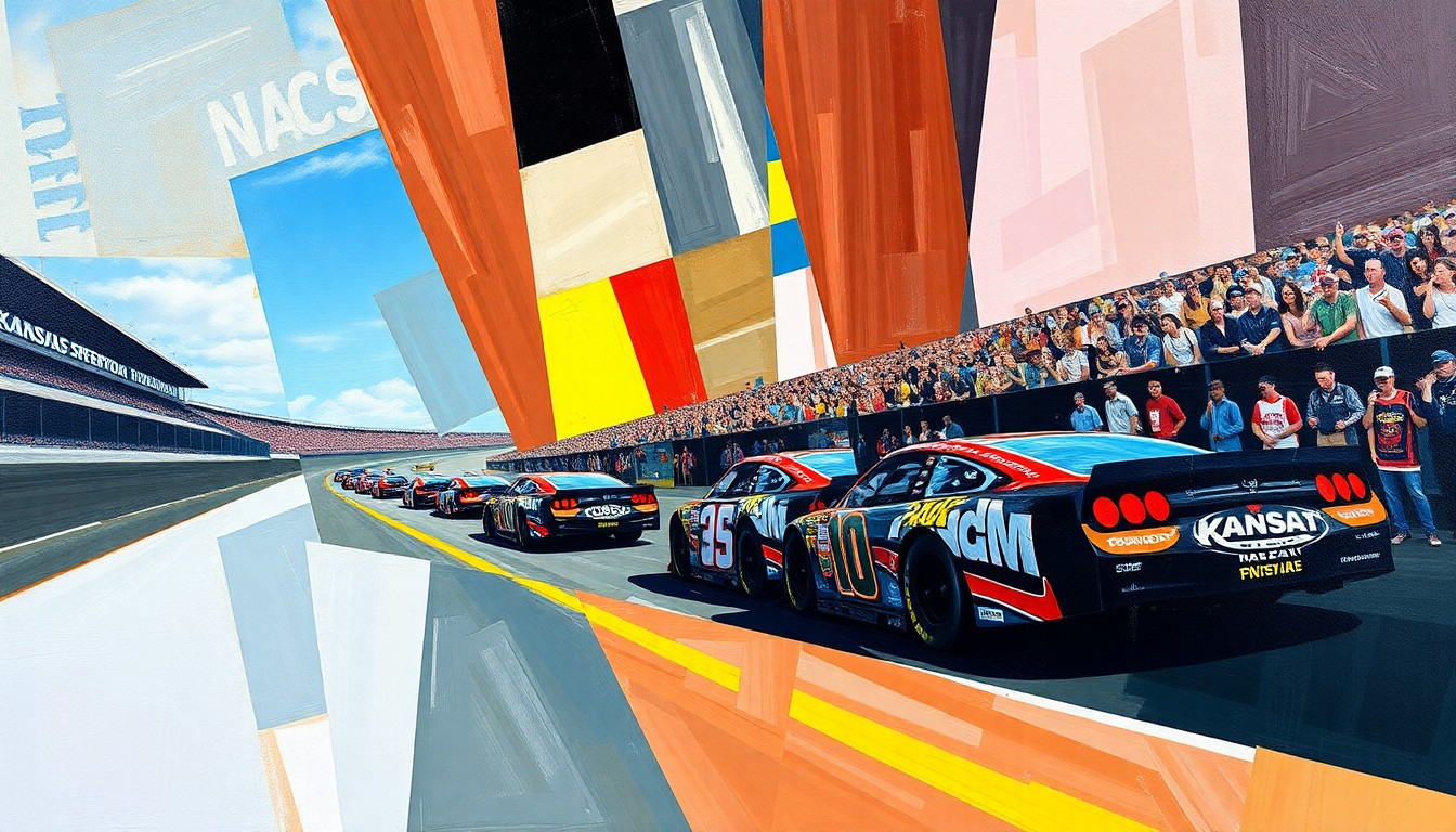 A cubist, geometric painting depicting a NASCAR race at Kansas Speedway, with the cars and track broken down into sharp, overlapping planes of color and shape, capturing the intensity and competition of the event.