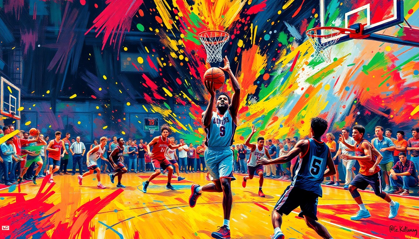 An abstract, energetic painting in neon colors depicting the motion and emotion of a youth basketball clinic, with figures and shapes dissolving into vibrant brushstrokes.