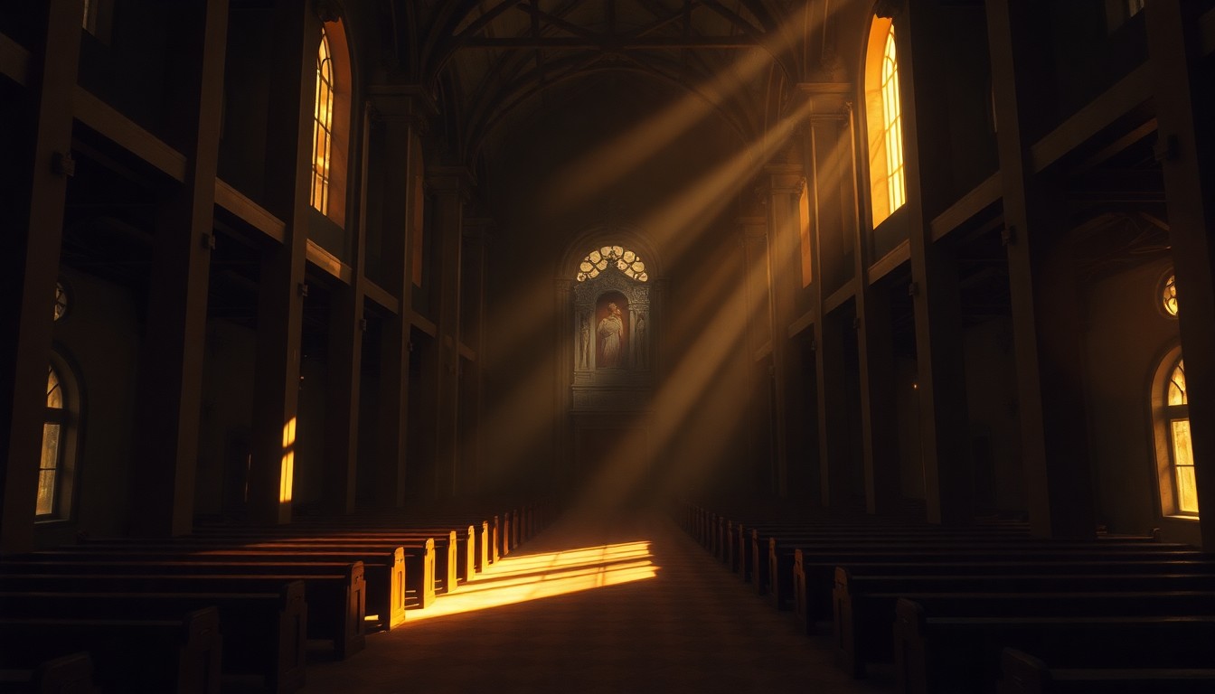 A quiet, cinematic painting of an empty church sanctuary with pews and an altar, the space bathed in warm, diagonal sunlight and deep shadows, conveying a sense of solemnity and contemplation.