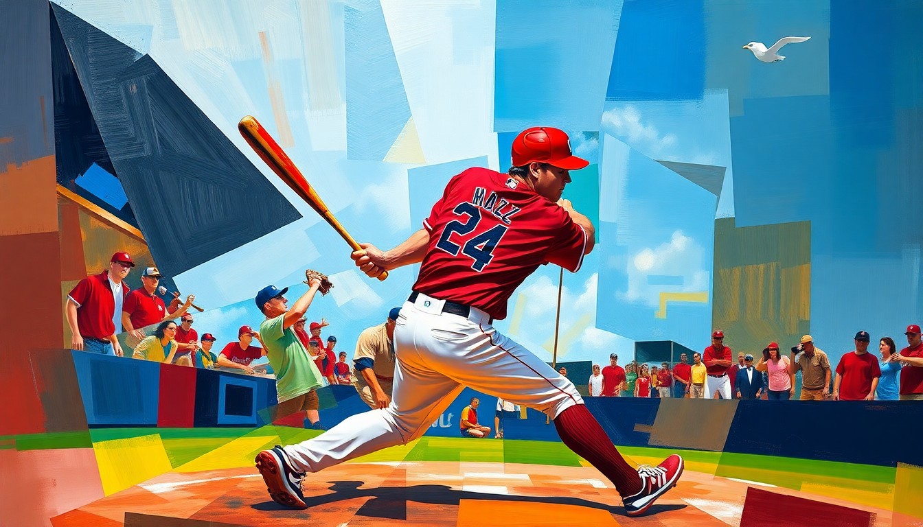 A cubist-style painting depicting a baseball player's motion broken down into sharp, overlapping geometric shapes in the Cardinals' team colors of red and navy blue.