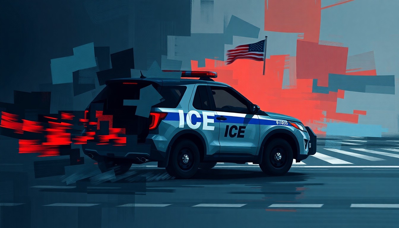 A dynamic, abstract painting of an unmarked vehicle in motion, with overlapping geometric shapes and waves of dark colors, conceptually representing the tensions surrounding federal immigration enforcement.
