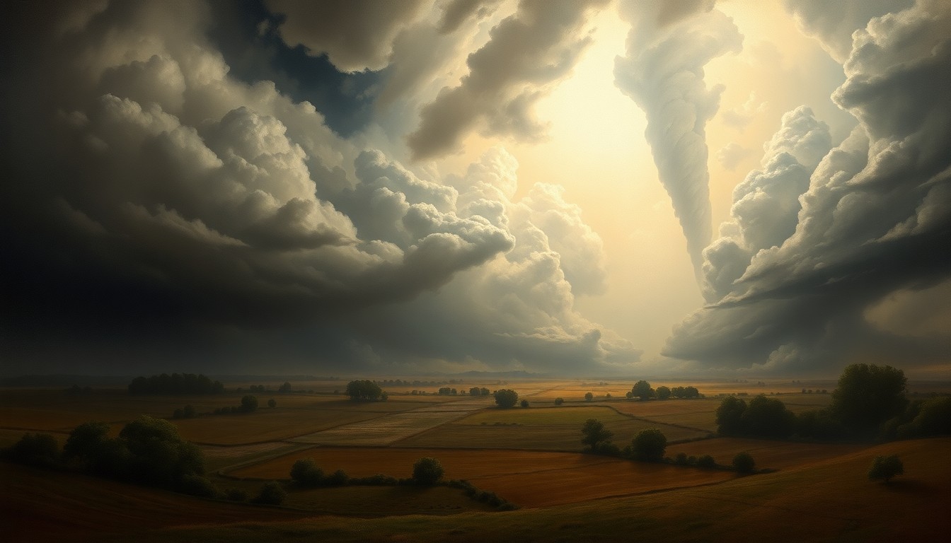 A sweeping, atmospheric landscape painting in muted tones of gray, blue, and green, depicting a tornado-ravaged countryside shrouded in heavy storm clouds and dramatic backlighting, with any physical structures or trees dwarfed and obscured by the powerful weather.