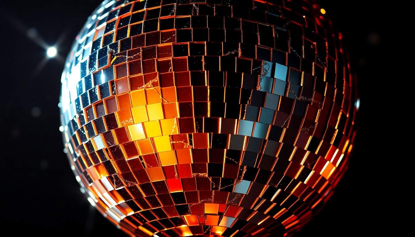 An abstract close-up photograph of a shattered disco ball reflecting bright, glittering shards of light, conveying the unpredictable nature of the music industry.