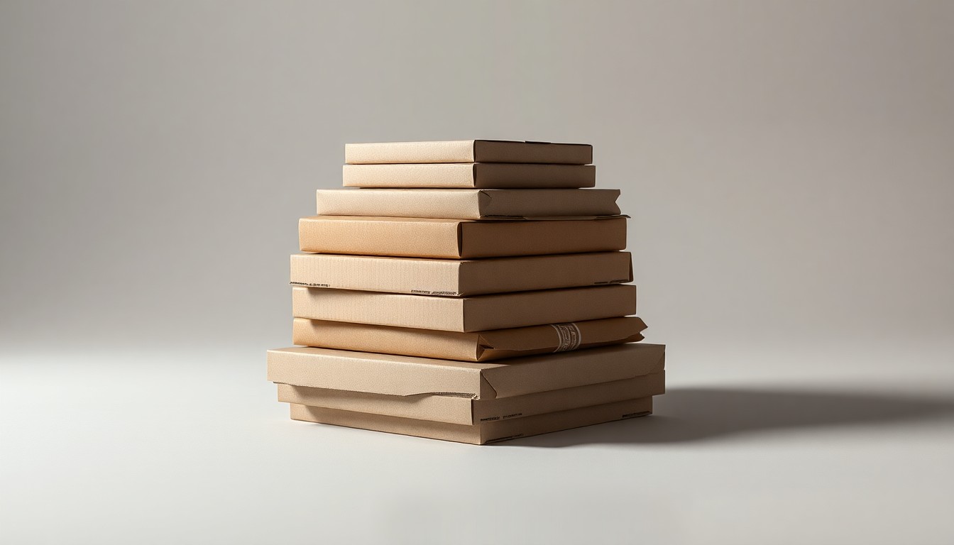 A high-end, photorealistic studio still-life featuring a stack of premium cardboard packaging materials in muted earth tones, captured with dramatic lighting and deep shadows to symbolize Sonoco's focus on sustainable, high-quality packaging.