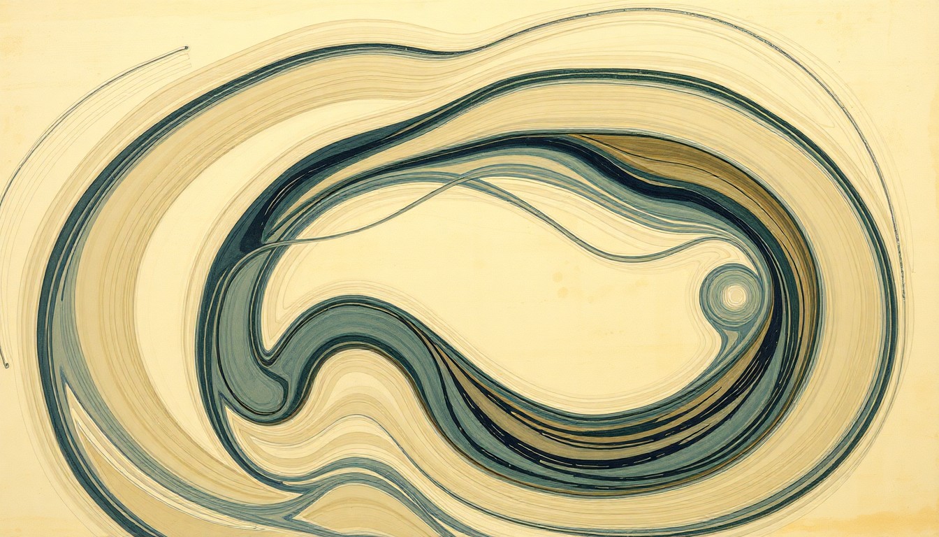 A highly structured abstract painting in muted greens, blues, and browns, featuring sweeping geometric arcs, concentric circles, and precise botanical spirals, conceptually representing the complex water flows and ecological systems of the Susquehanna River basin.