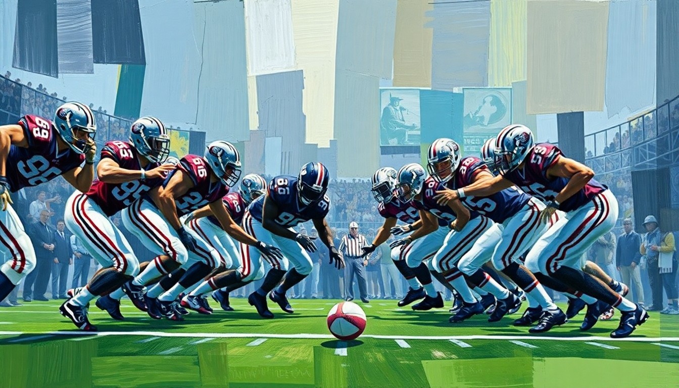 A fragmented, cubist-style illustration depicting an offensive line in a football game, with the players and field broken down into sharp, angular geometric shapes in a variety of colors.