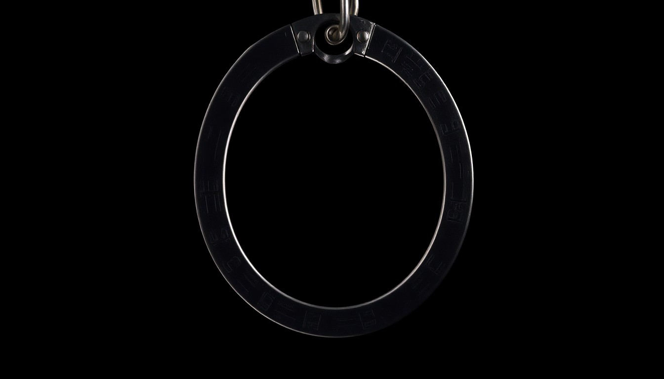 An extreme close-up photograph of a handcuff chain against a pitch-black background, lit by a harsh, direct camera flash, conceptually illustrating the harsh realities of the juvenile justice system.
