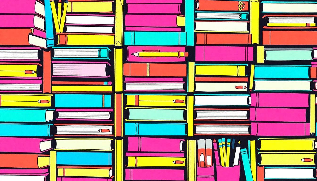 A brightly colored, high-contrast silkscreen print of a stack of textbooks and school supplies repeated in a tight grid pattern, conceptually representing the need to restore academic rigor in New York City public schools.