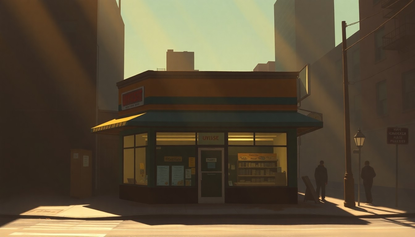 A photorealistic painting of a small corner store in New York City, with a neon sign illuminating the storefront. The scene is bathed in warm, golden light and deep shadows, creating a cinematic, nostalgic mood.