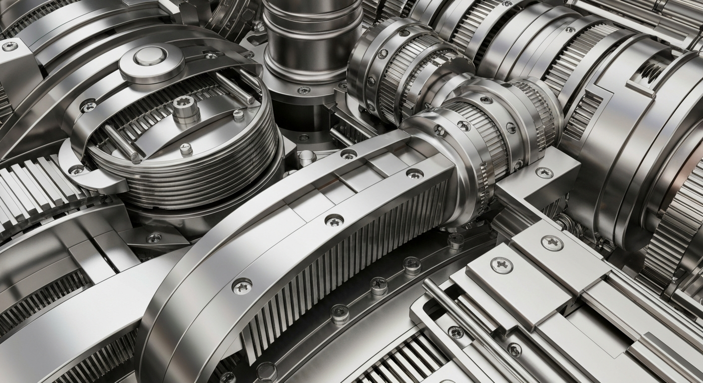 An extreme close-up of heavy, metallic financial machinery in shades of silver, steel, and copper, conceptually representing the institutional power and complexity of Enphase Energy's financial operations.