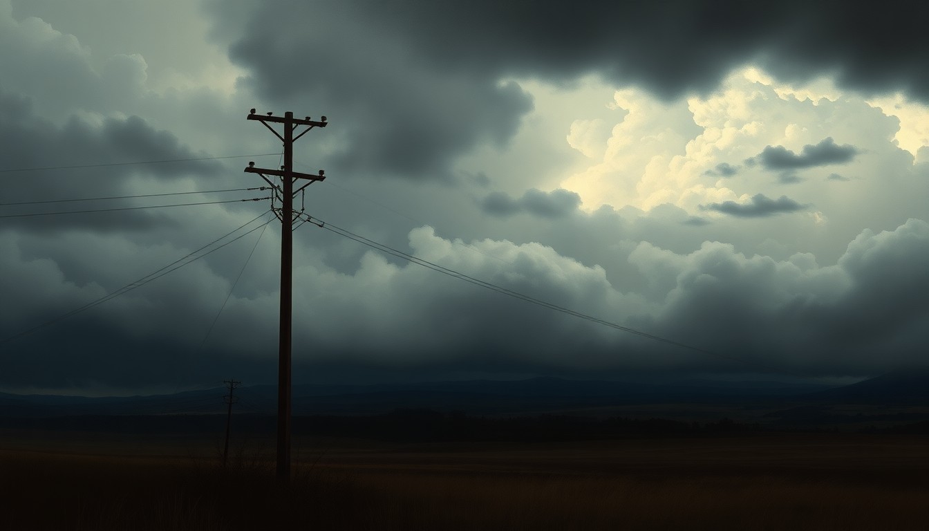 A dramatic landscape painting in muted tones of gray and blue, with a lone utility pole standing in the foreground against a stormy, cloud-filled sky, symbolizing the widespread power outages caused by the severe weather.