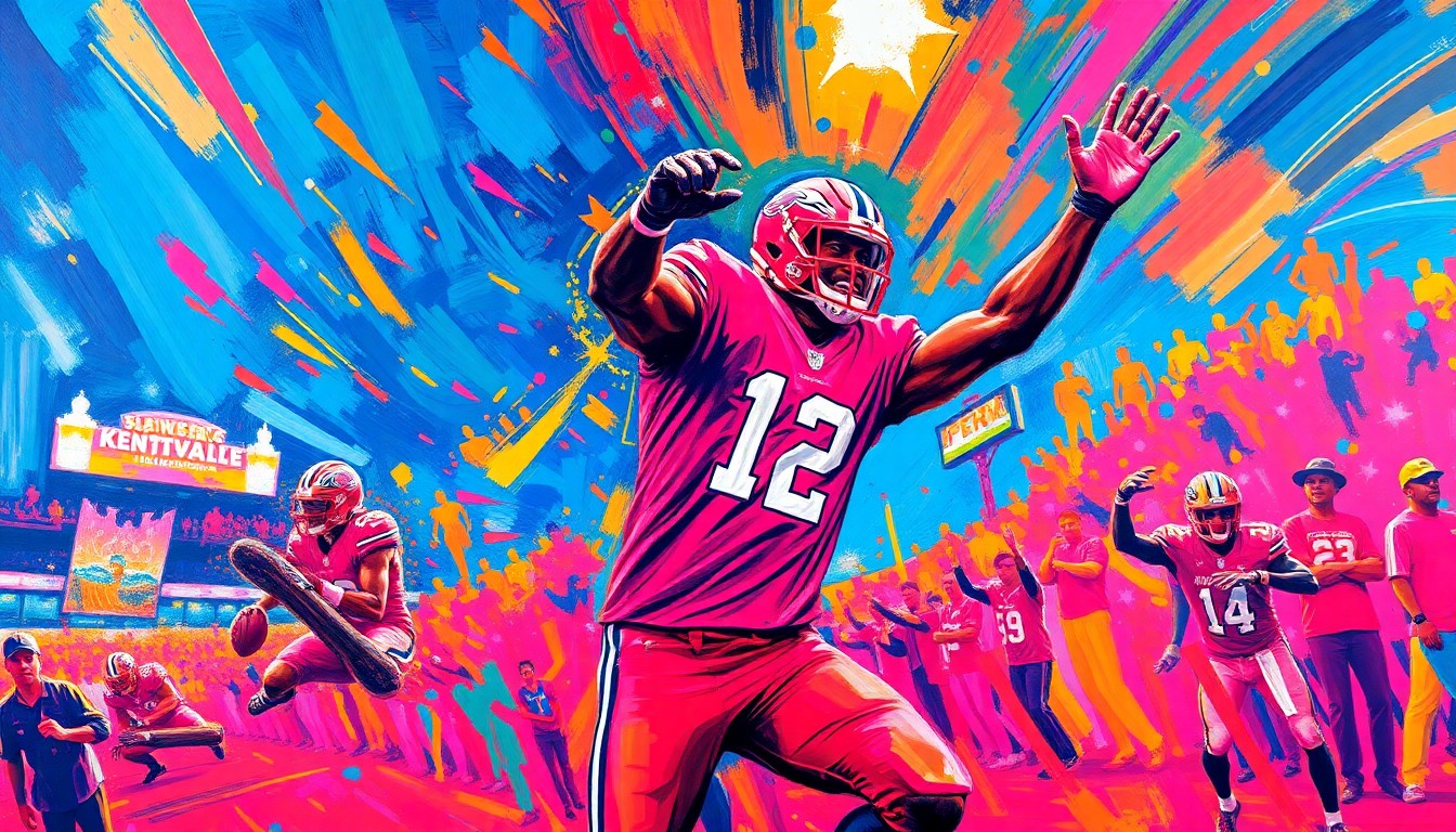 An abstract, expressionist painting in neon colors featuring dynamic, abstracted figures and shapes representing a football player, festival crowds, and the festive atmosphere of the Kentucky Derby Festival event.