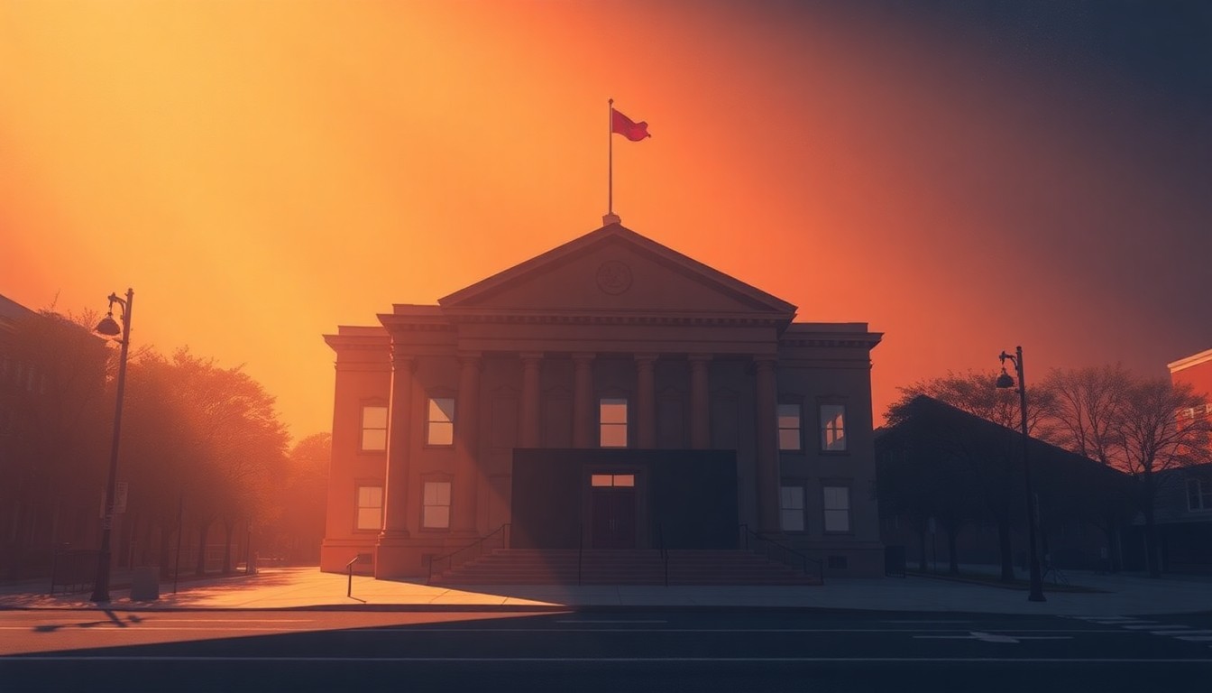 A serene, painterly depiction of a city hall building in warm, muted tones, conveying a sense of contemplation and civic responsibility.