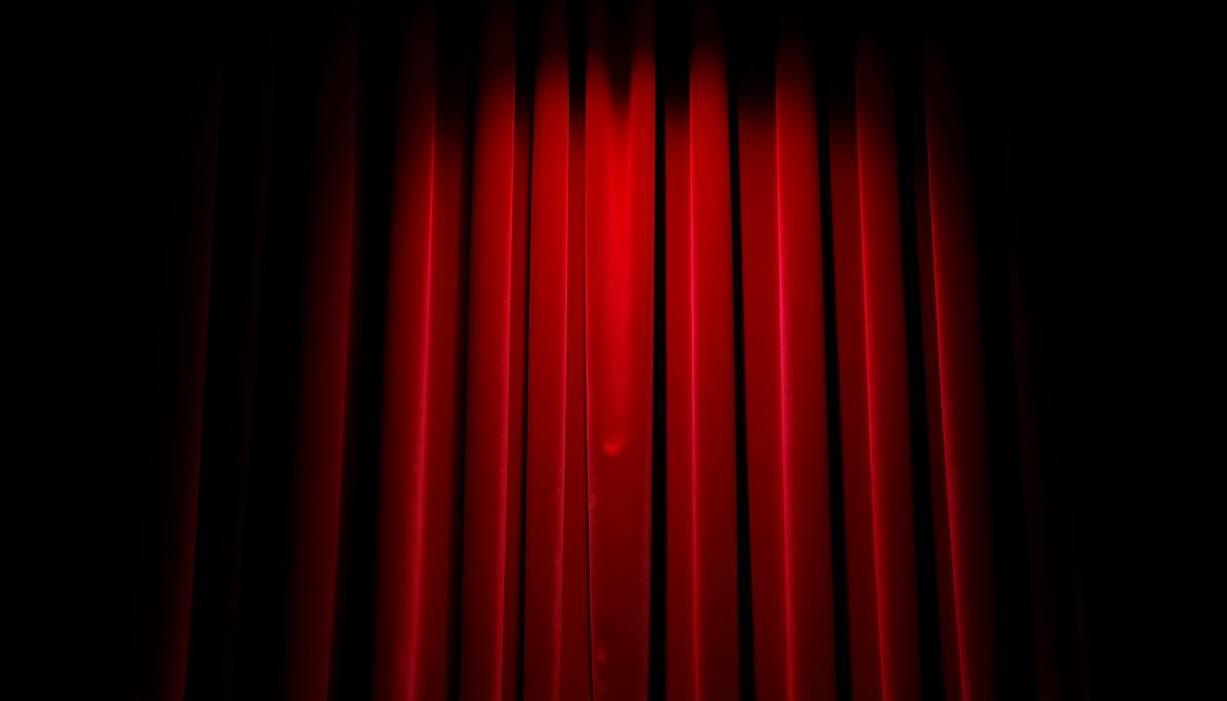 An extreme close-up of a plush, velvety theater curtain in a rich, deep burgundy color, with dramatic, high-contrast studio lighting creating a glitzy, high-fashion aesthetic. The textured fabric fills the frame, conceptually representing the theatrical experience and the performer's dedication to their craft.